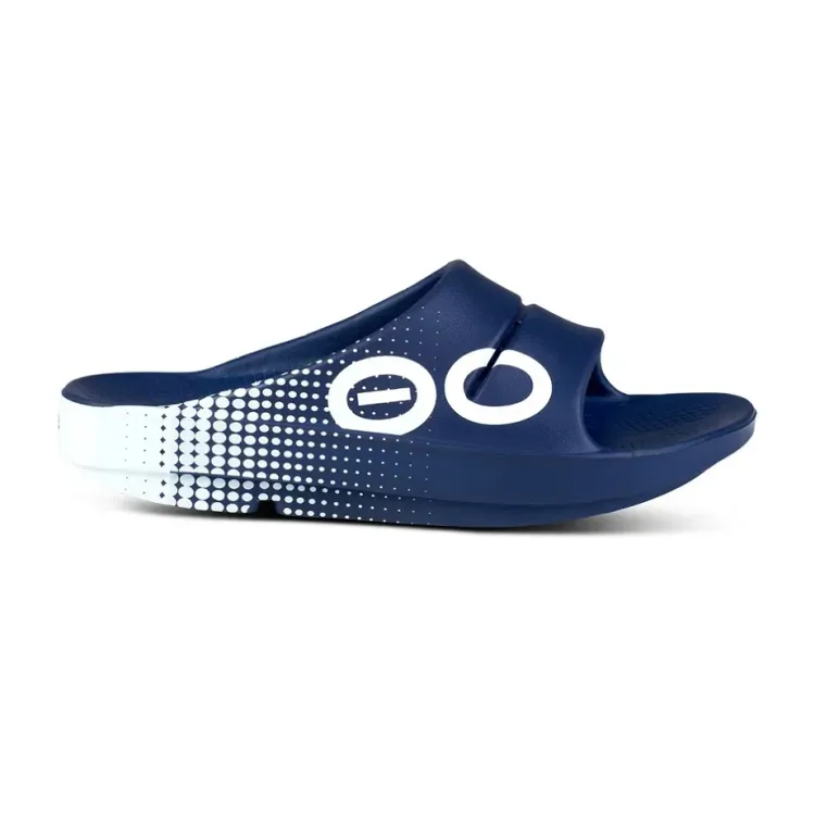 OOFOS OOAHH SPORT SANDALIA DE RECUPERACION MATRIX NAVY UNISEX VISTA EXTERIOR, ARISTARUN