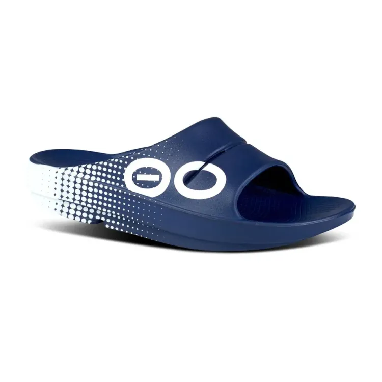 OOFOS OOAHH SPORT SANDALIA DE RECUPERACION MATRIX NAVY UNISEX VISTA PERFIL EXTERIOR, ARISTARUN