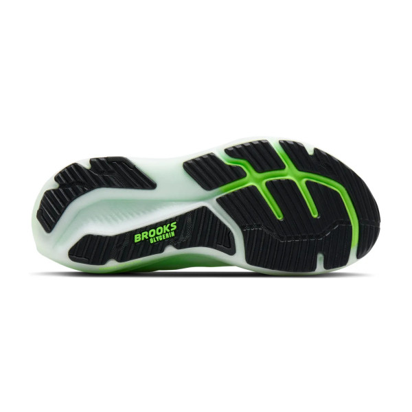 BROOKS GLYCERIN 23 BLANCO VERDE ZAPATILLAS RUNNING HOMBRE VISTA SUELA,ARISTARUN