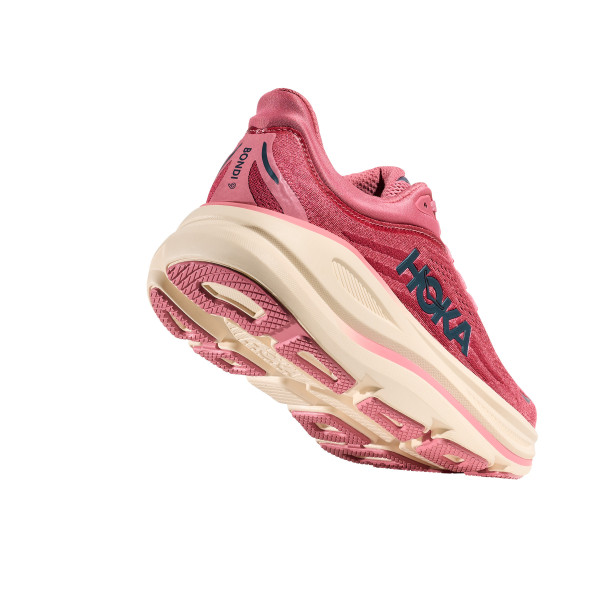 HOKA BONDI 9 ROSA BLANCO ZAPATILLAS RUNNING MUJER VISTA TRASERA,ARISTARUN