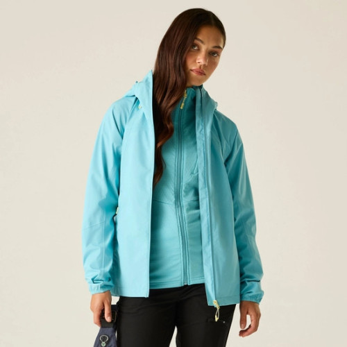 DARE 2B CHAQUETA IMPERMEABLE TORREK BREATHE EASY CELESTE MUJER VISTA FRONTAL, ARISTARUN