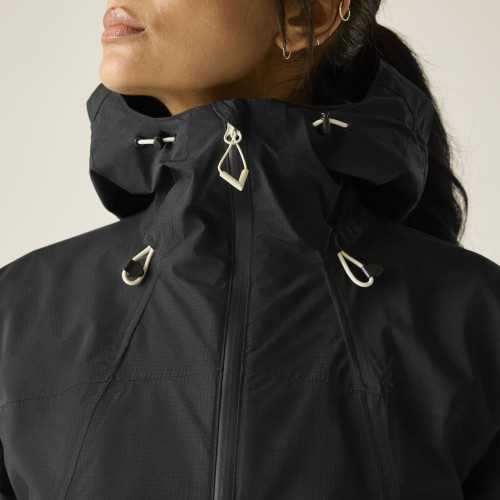 DARE 2B CHAQUETA IMPERMEABLE TORREK BREATHE EASY NEGRA MUJER VISTA CUELLO AMPLIADA, ARISTARUN