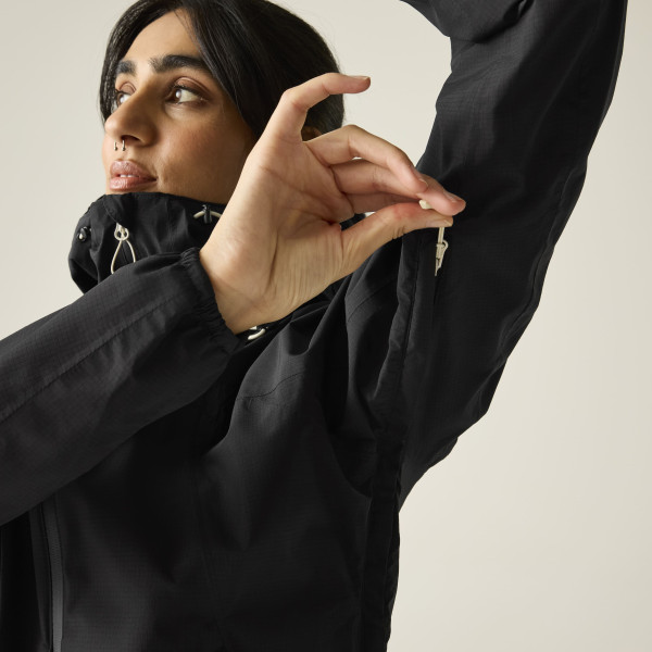 DARE 2B CHAQUETA IMPERMEABLE TORREK BREATHE EASY NEGRA MUJER VISTA MANGA, ARISTARUN