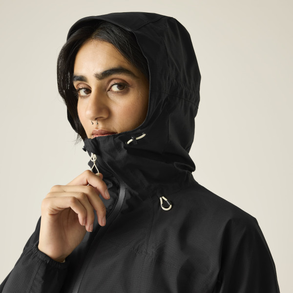 DARE 2B CHAQUETA IMPERMEABLE TORREK BREATHE EASY NEGRA MUJER VISTA GORRO, ARISTARUN