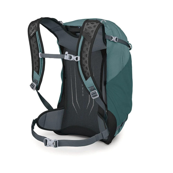 OSPREY HIKELITE 26 AZUL CASCADA MOCHILA TREKKING VISTA PERFIL TRASERA, ARISTARUN