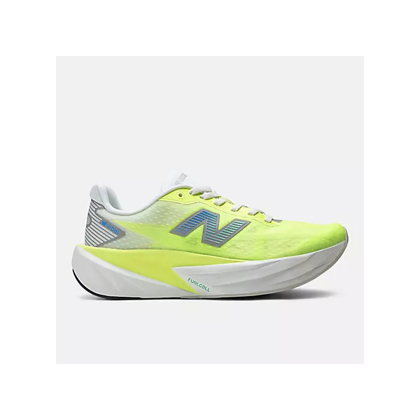 NEW BALANCE FUELCELL REBEL v5 BLANCO AMARILLO ZAPATILLAS RUNNING MUJER VISTA EXTERIOR, ARISTARUN