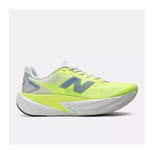 NEW BALANCE FUELCELL REBEL v5 BLANCO AMARILLO ZAPATILLAS RUNNING MUJER VISTA EXTERIOR, ARISTARUN