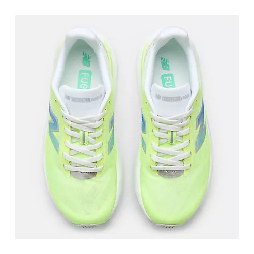 NEW BALANCE FUELCELL REBEL v5 BLANCO AMARILLO ZAPATILLAS RUNNING MUJER VISTA PAREJA, ARISTARUN