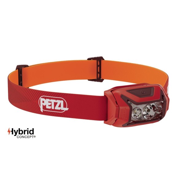 PETZL ACTIK 450 LÚMENES ROJO FRONTAL VISTA PERFIL, ARISTARUN