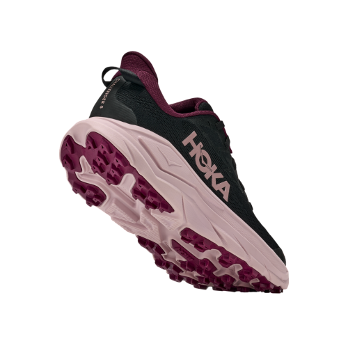 HOKA CHALLENGER 8 NEGRO ROSA ZAPATILLA MIXTA MUJER VISTA PERFIL TRASERA, ARISTARUN