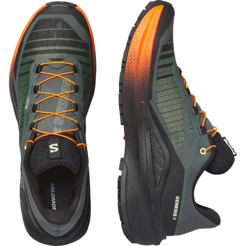 SALOMON GENESIS 2 NEGRO NARANJA ZAPATILLAS TRAIL HOMBRE VISTA LATERAL Y EMPEINE PAREJA, ARISTARUN