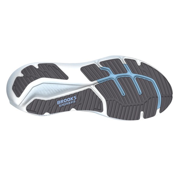 BROOKS GLYCERIN GTS 23 BLANCO AZUL ZAPATILLAS RUNNING HOMBRE VISTA SUELA, ARISTARUN