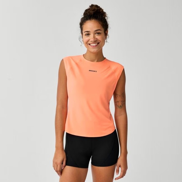 BROOKS DASH COOLING PEACH CAMISETA SIN MANGAS MUJER VISTA FRONTAL,ARISTARUN