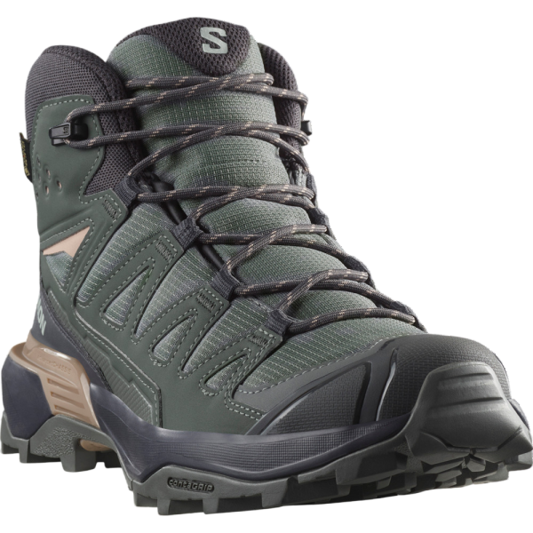 SALOMON X ULTRA 360 MID GORE-TEX GRIS MORADO BOTAS TREKKING MUJER VISTA LATERAL,ARISTARUN