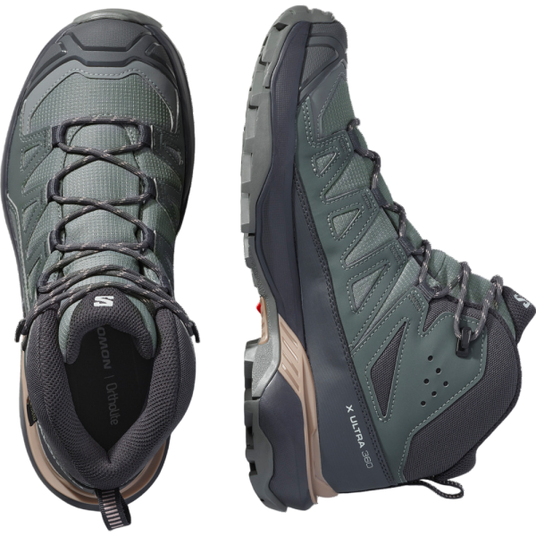 SALOMON X ULTRA 360 MID GORE-TEX GRIS MORADO BOTAS TREKKING MUJER VISTA SUPERIOR,ARISTARUN