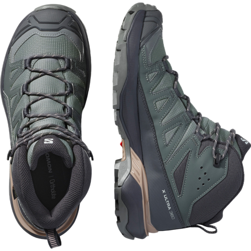 SALOMON X ULTRA 360 MID GORE-TEX GRIS MORADO BOTAS TREKKING MUJER VISTA SUPERIOR,ARISTARUN